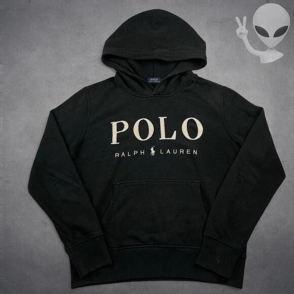 Polo Ralph Lauren Spellout Hoodie Medium Black Embriodered Pullover Vintage - Picture 2 of 6